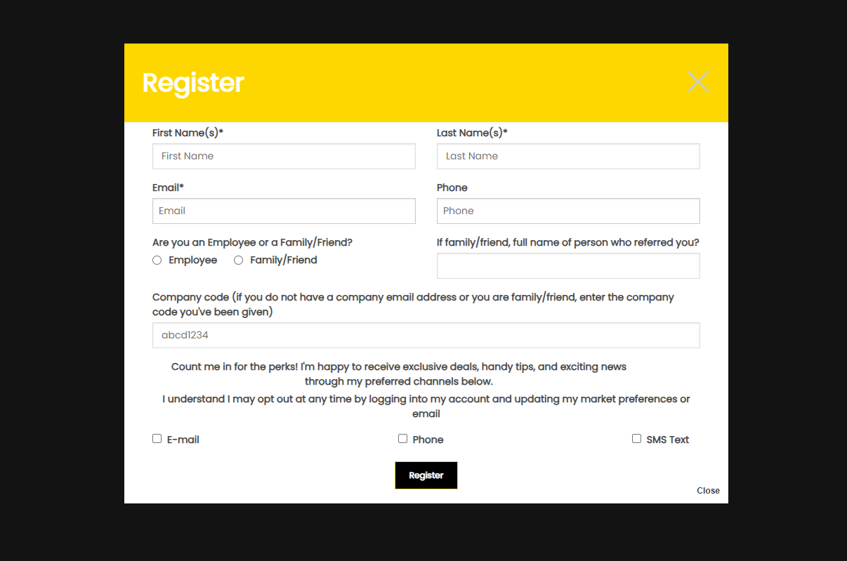 NEAA portal registration form with name, email, phone, employee or family/friend, company code and marketing preference fields